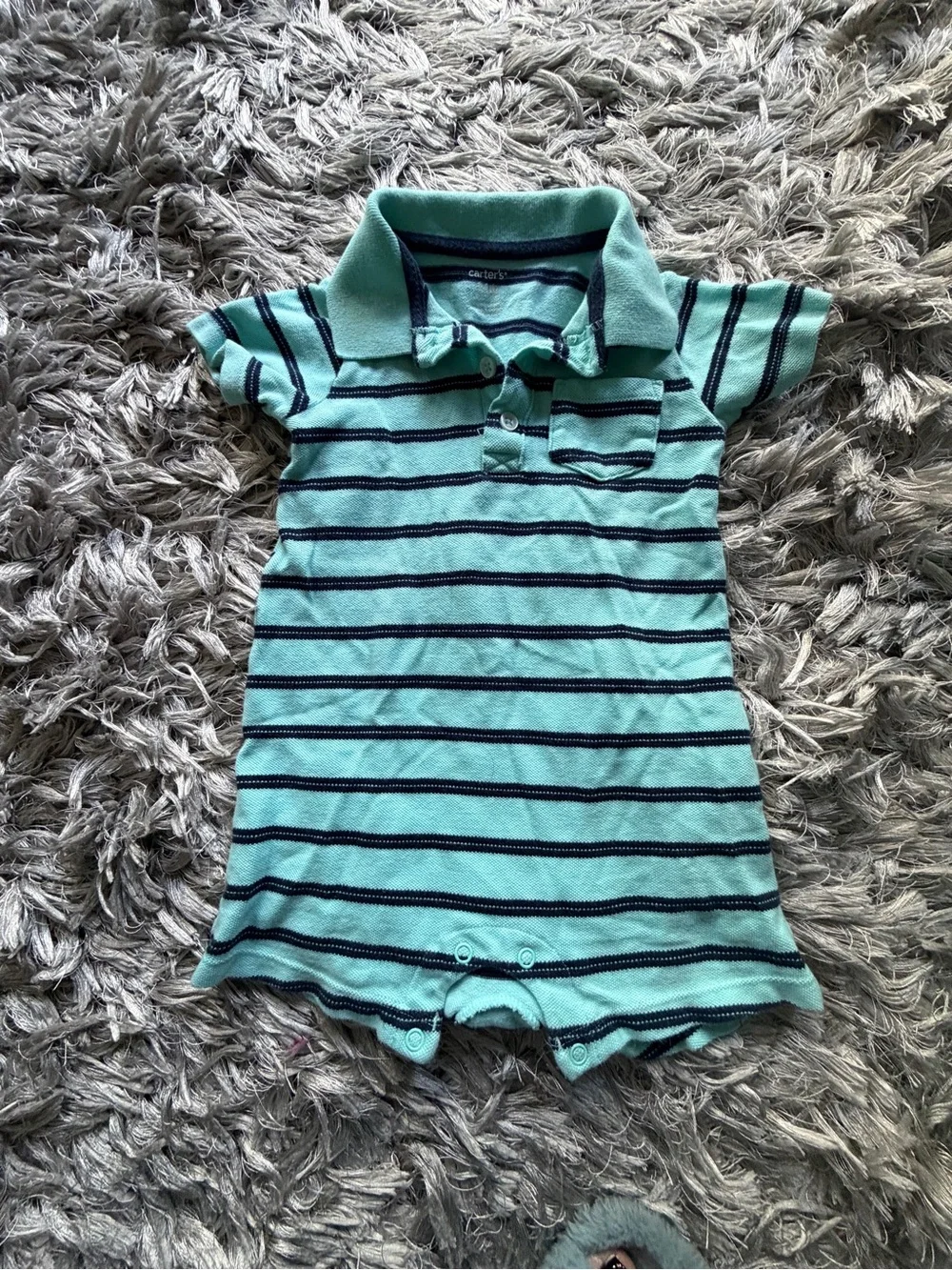 Carter's Mint Green Polo Romper with Navy Stripes